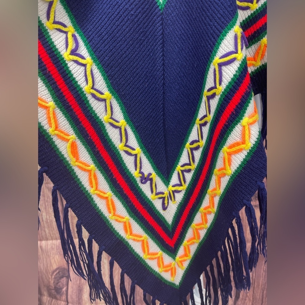 Miss Erika Inc Navy multi colored striped boho sweater poncho - Picture 9 of 14